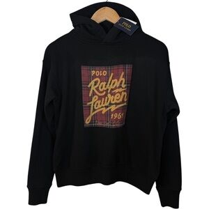 Polo by Ralph Lauren Black Hoodie with Plaid Gold Script